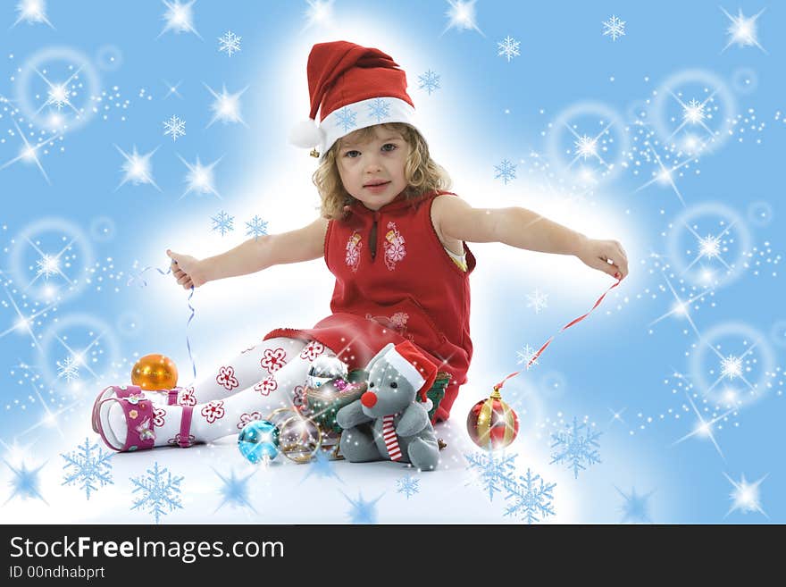 Beautiful little girl with christmas decoration on isolated background