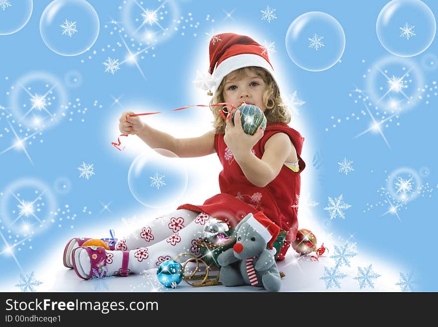 Beautiful little girl with christmas decoration on isolated background