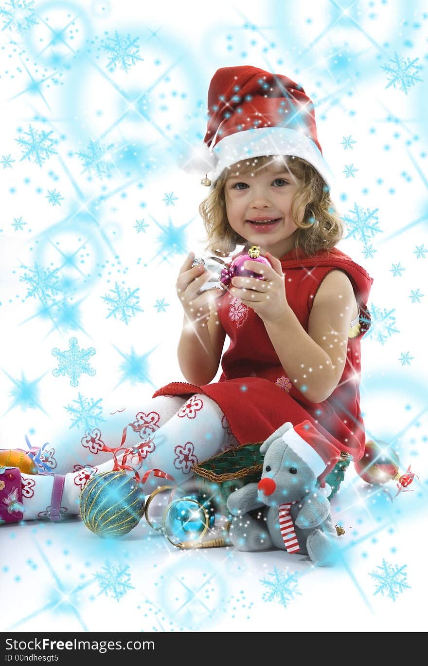 Beautiful little girl with christmas decoration on isolated background