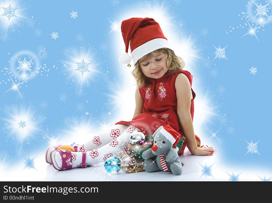 Beautiful little girl with christmas decoration on isolated background