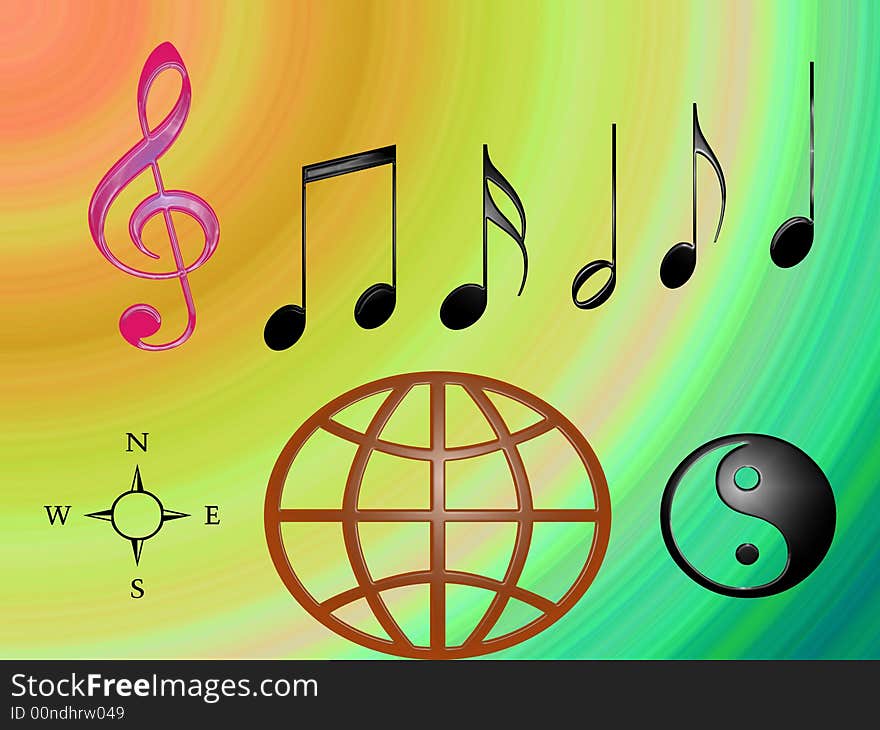 Musical notation with a world symbol, a compass, and an oriental design on top of a colorgul background. Musical notation with a world symbol, a compass, and an oriental design on top of a colorgul background