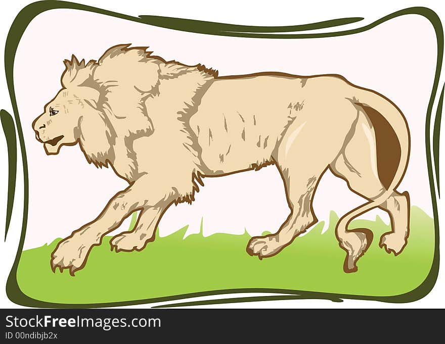 Illustration of Lion walking in grass