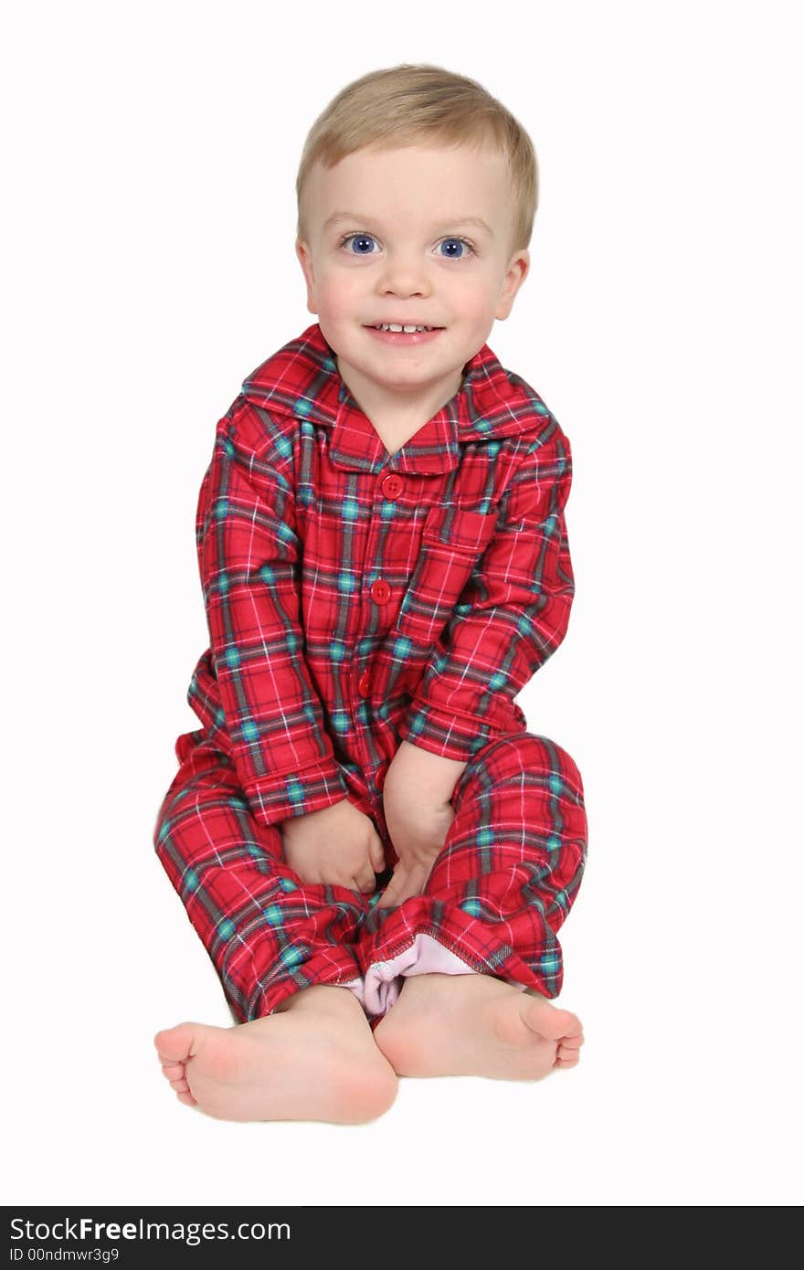 Little Boy in Christmas shirt and pants with white background - full view. Little Boy in Christmas shirt and pants with white background - full view