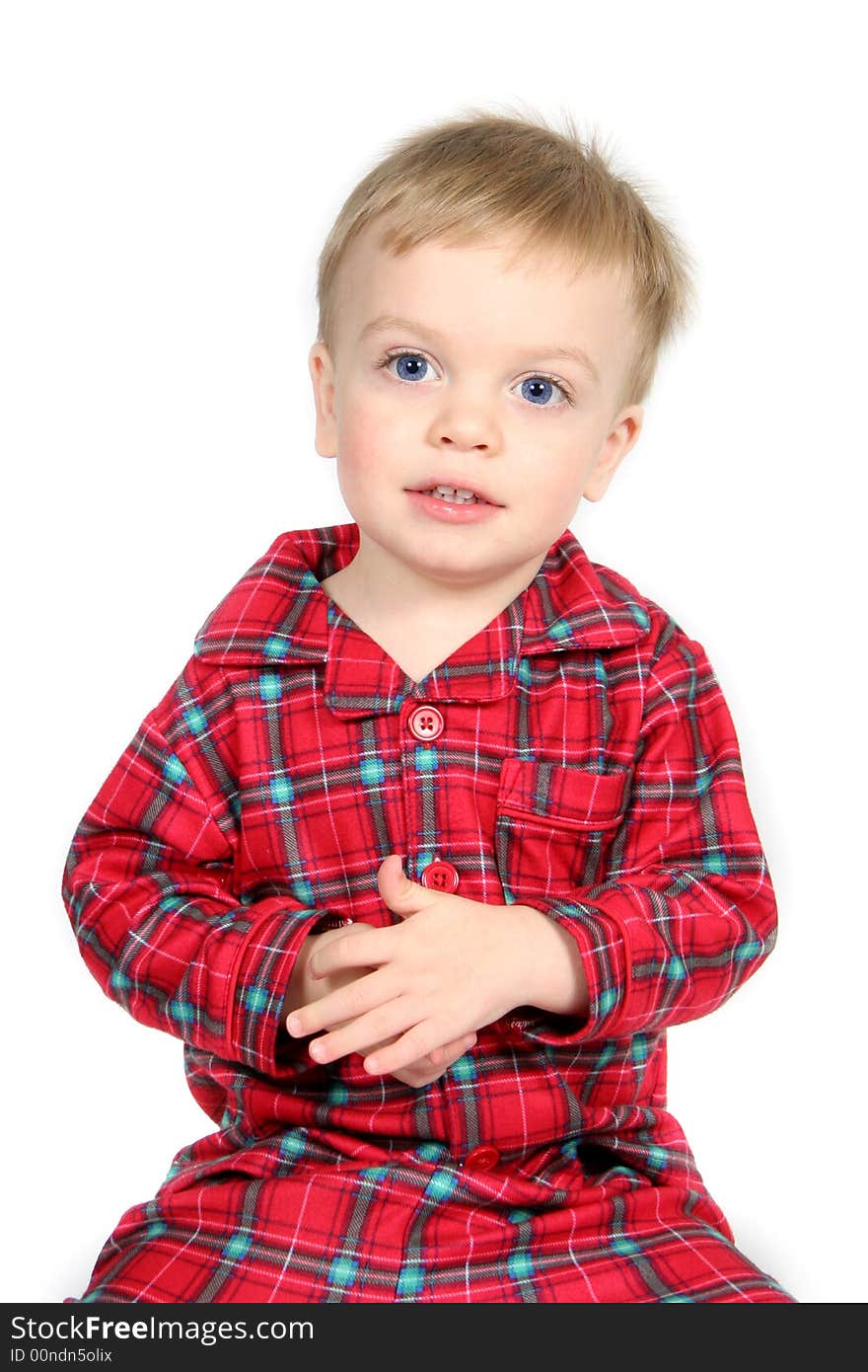 Little Boy in Christmas shirt and pants with white background. Little Boy in Christmas shirt and pants with white background