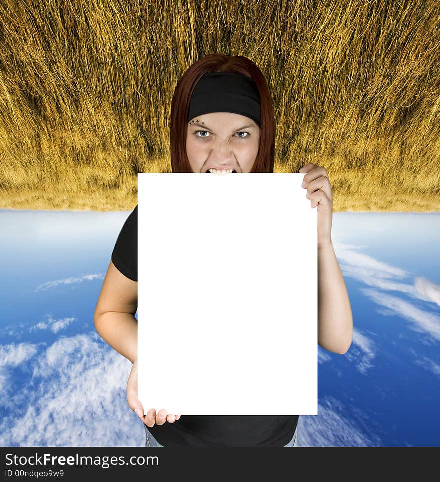 Angry Girl Holding A White Canvas