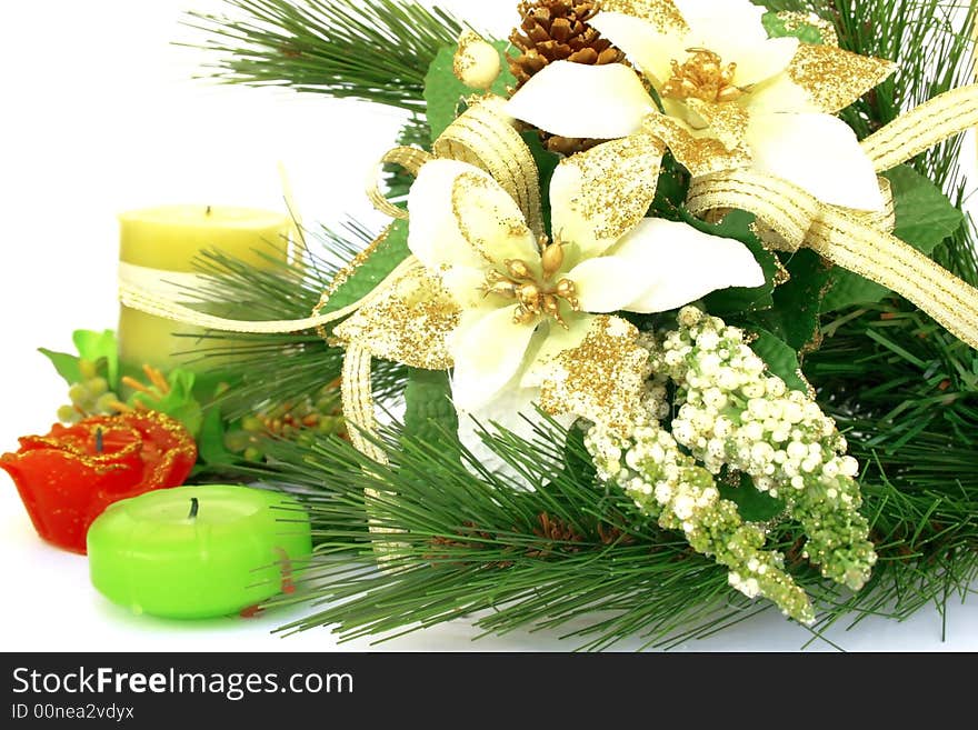 Christmas ornaments.Fir-tree,holly-berry,candles.