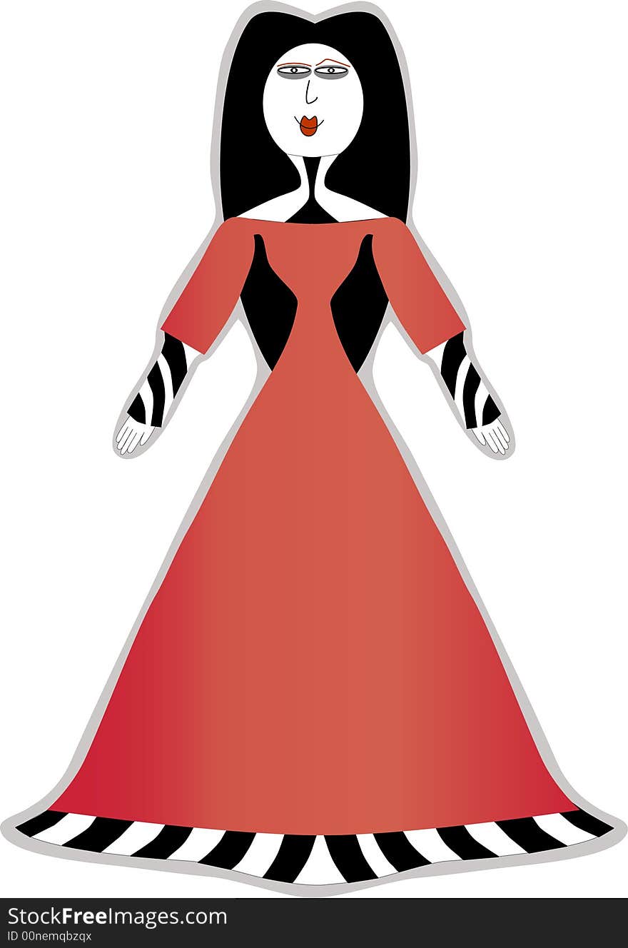 Cartoon style Gothic woman in red dress with eye brow raised.