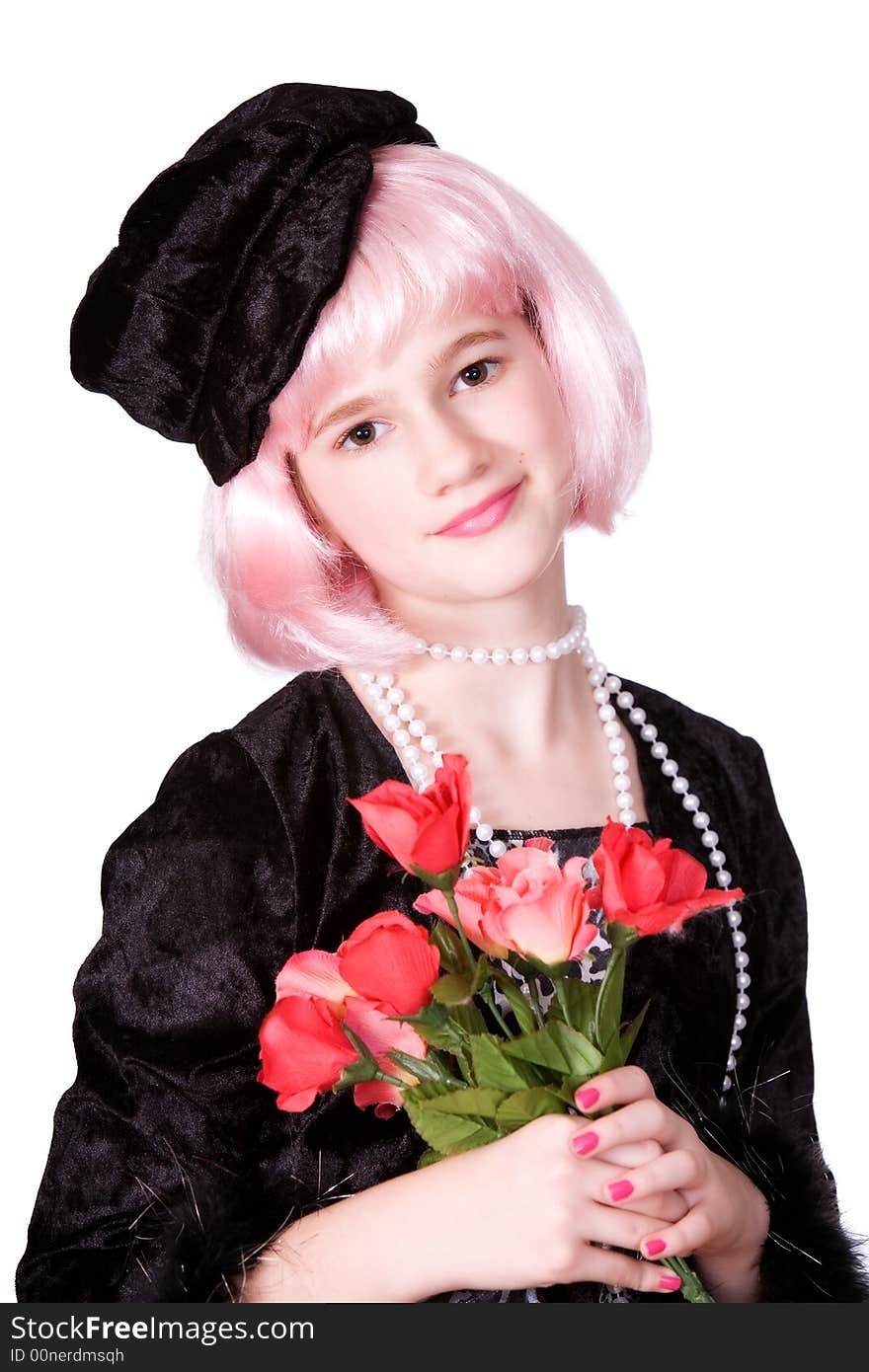 Pretty preteen diva with pink hair holding a beautiful bouquet of red roses. Pretty preteen diva with pink hair holding a beautiful bouquet of red roses.