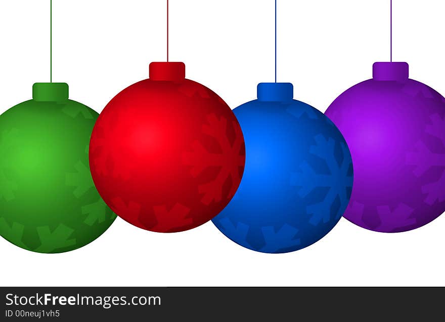 Graphic illustration of colorful hanging christmas tree ornaments isolated against a white background. Graphic illustration of colorful hanging christmas tree ornaments isolated against a white background.