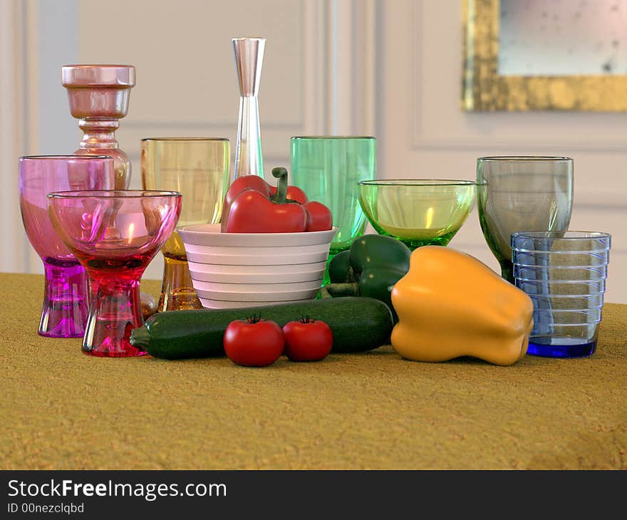 Glasses, candle holders and bowls on a party table. Glasses, candle holders and bowls on a party table