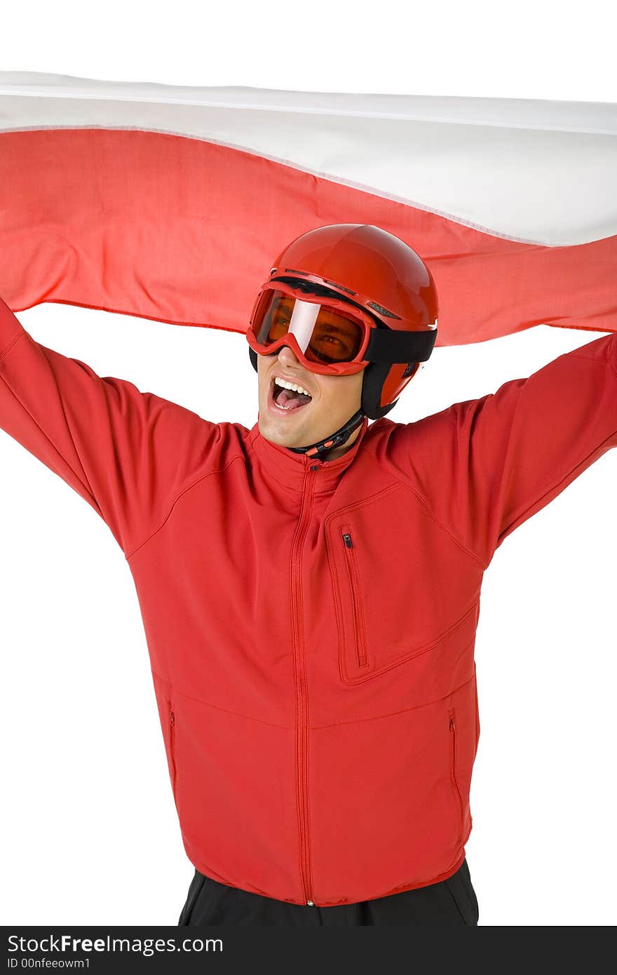 Skier with Polish flag. He has on red helmet and red parka. Skier with Polish flag. He has on red helmet and red parka.