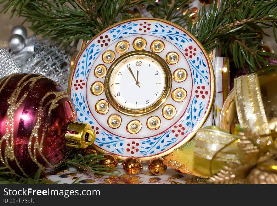 Close-up christmas ball and clock. Close-up christmas ball and clock