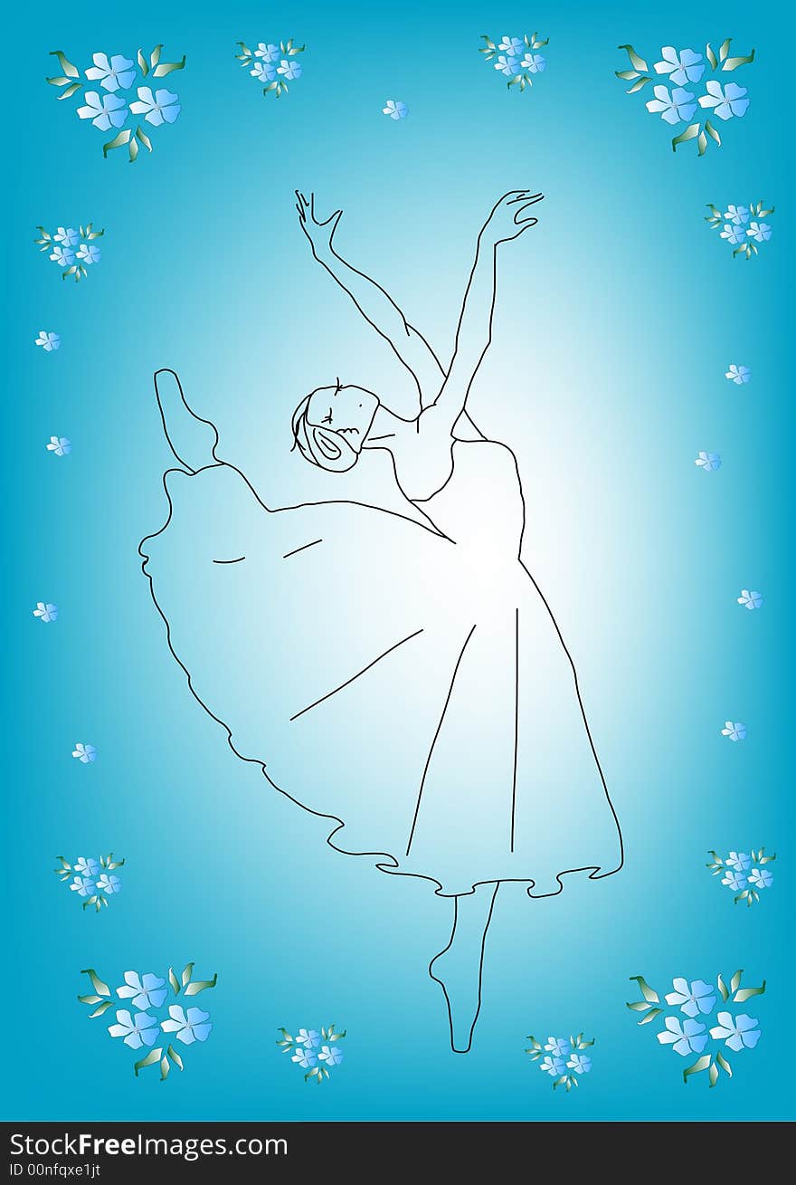 Linear figure of the ballerina. Blue background with flowers.