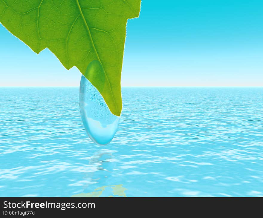 Brightly green leaf with the drop of dew on a background blue waters. Brightly green leaf with the drop of dew on a background blue waters