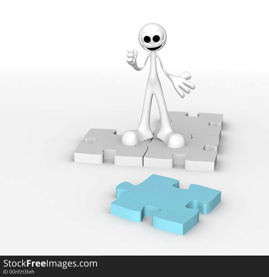 Funny man building a 3d puzzle over white background. Funny man building a 3d puzzle over white background