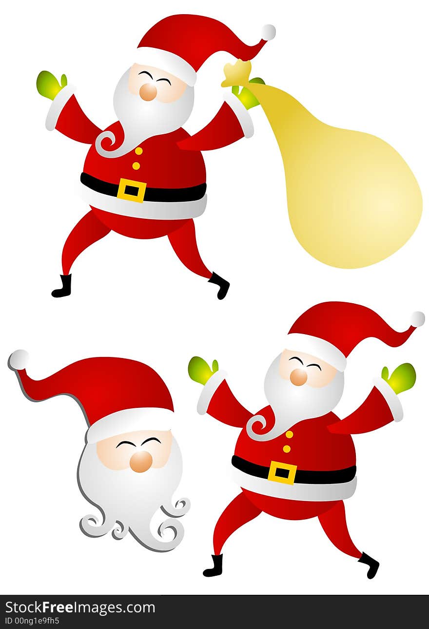 A clip art illustration of your choice of 3 Santa Claus characters - one holding a sack of toys, one without sack, and one with just Santa's head. A clip art illustration of your choice of 3 Santa Claus characters - one holding a sack of toys, one without sack, and one with just Santa's head