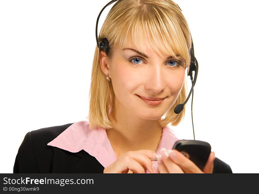 Beautiful hotline operator with cellphone in her hands isolated on white background