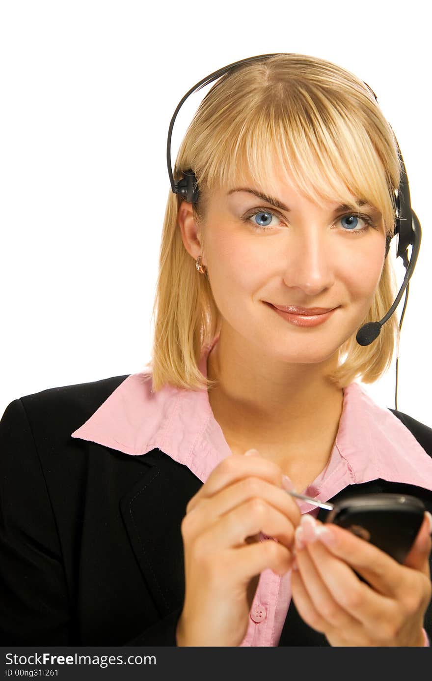 Beautiful hotline operator with cellphone in her hands isolated on white background