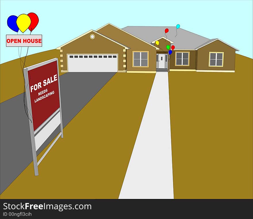 For sale house with open house sign and balloons illustration without landscaping. For sale house with open house sign and balloons illustration without landscaping.