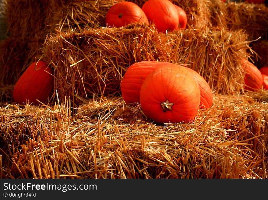 Pumpkins on bale of straw in autumn. Pumpkins on bale of straw in autumn