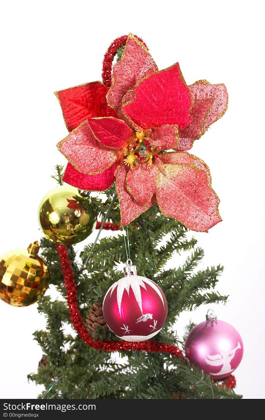 Top of a christmas tree over a white background