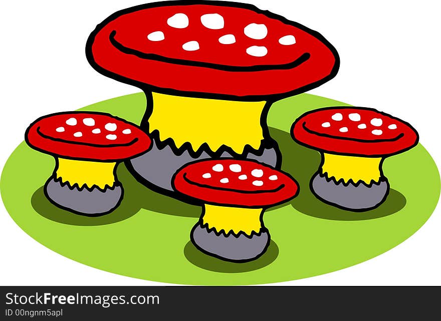 A vector, illustration for a set of mushroom table and chairs for garden. A vector, illustration for a set of mushroom table and chairs for garden.