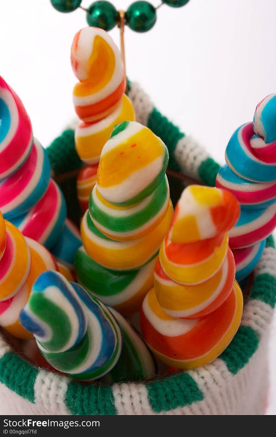 A christmas stocking with lollipop candies inside. A christmas stocking with lollipop candies inside