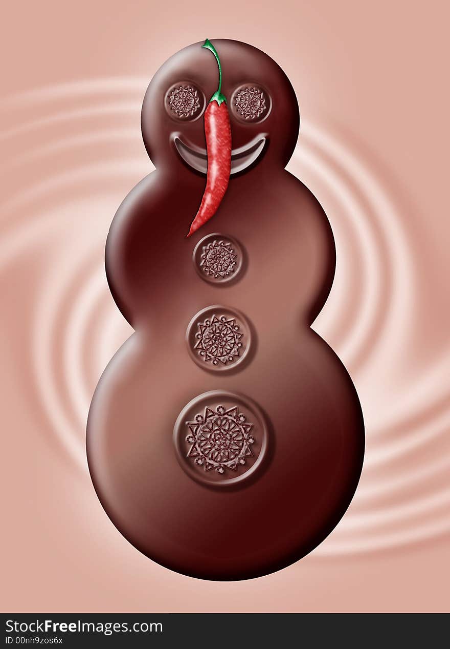 Illustrated milk chocolate snowman with chocolate snowflakes on him and with nose made by chili pepper placed on wavy pink