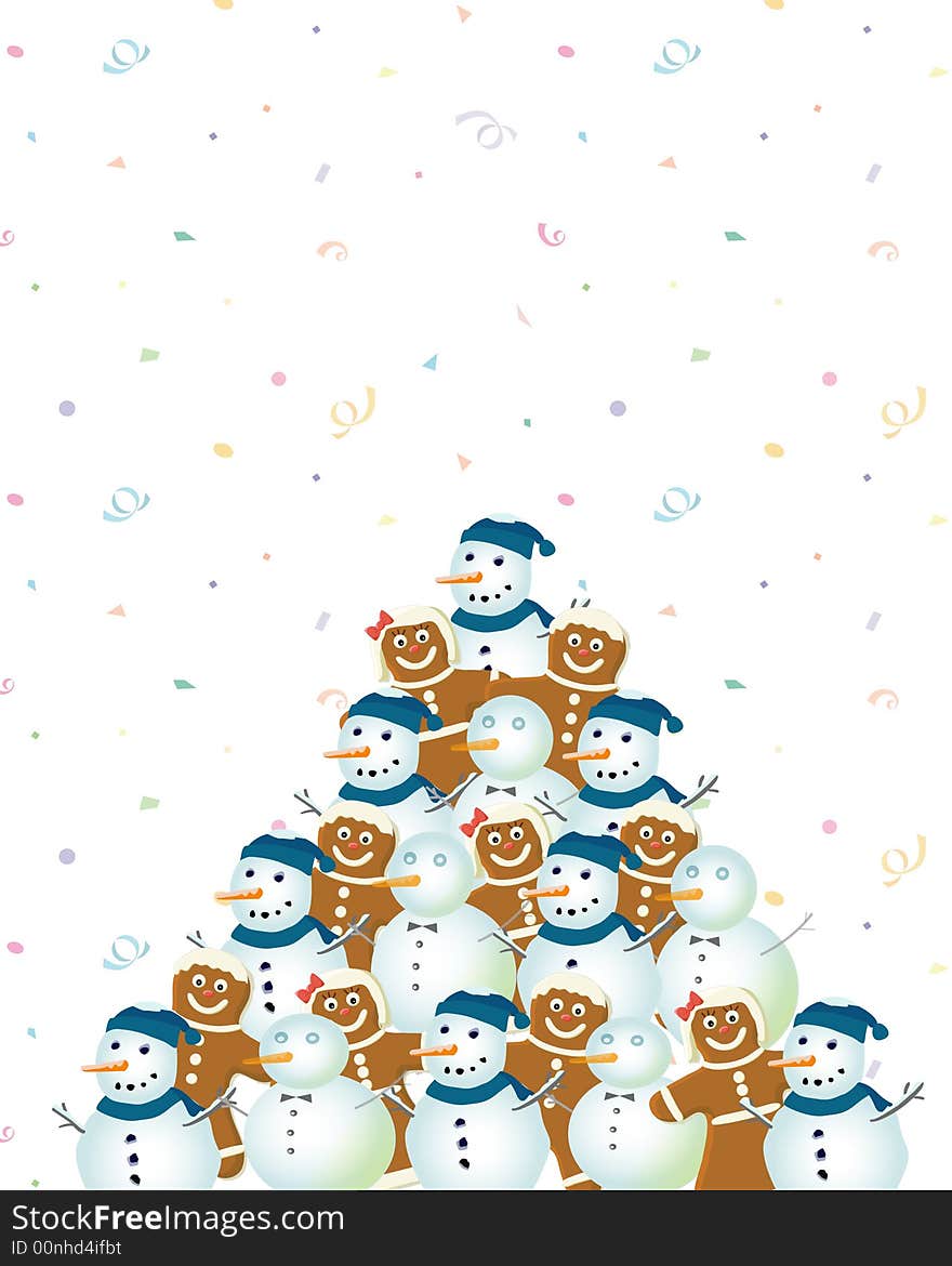 Snowmen and gingerbread in shape Christmas tree celebrate the snow confetti falling on them. Snowmen and gingerbread in shape Christmas tree celebrate the snow confetti falling on them.