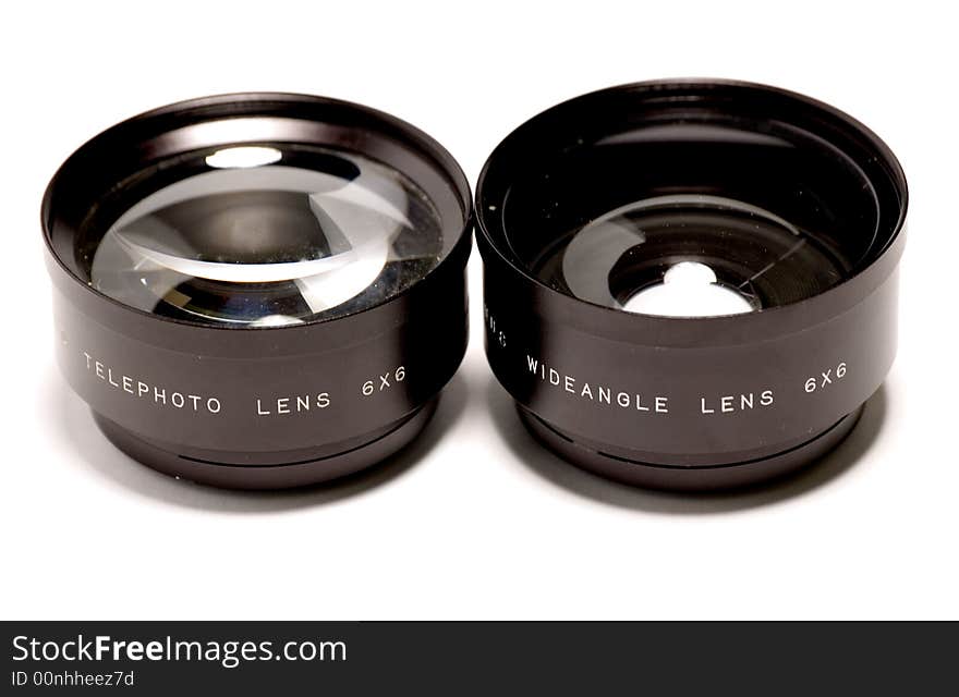 A wide angle lens next to a telephoto lens. A wide angle lens next to a telephoto lens