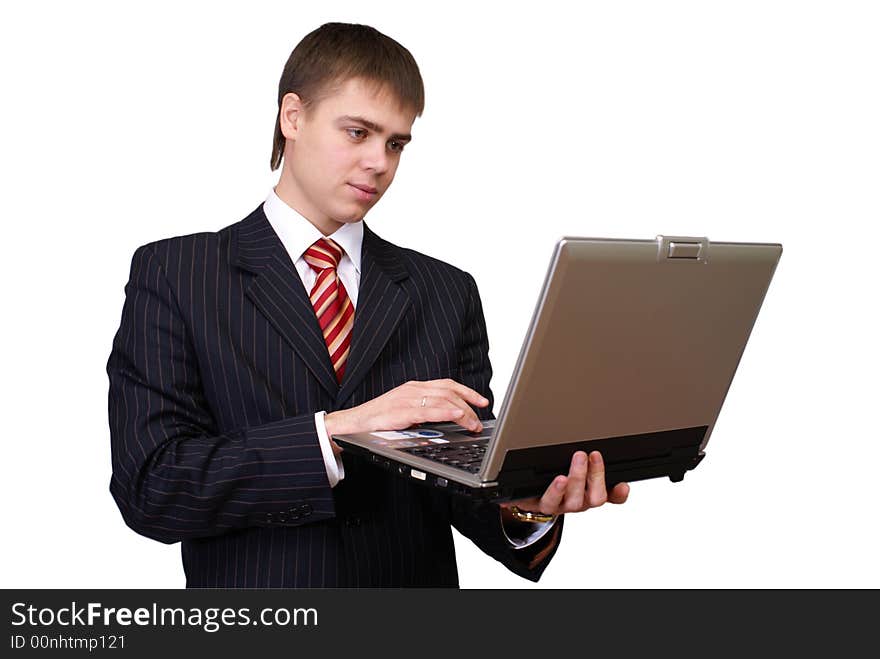 Cheerful businessman with laptop computer