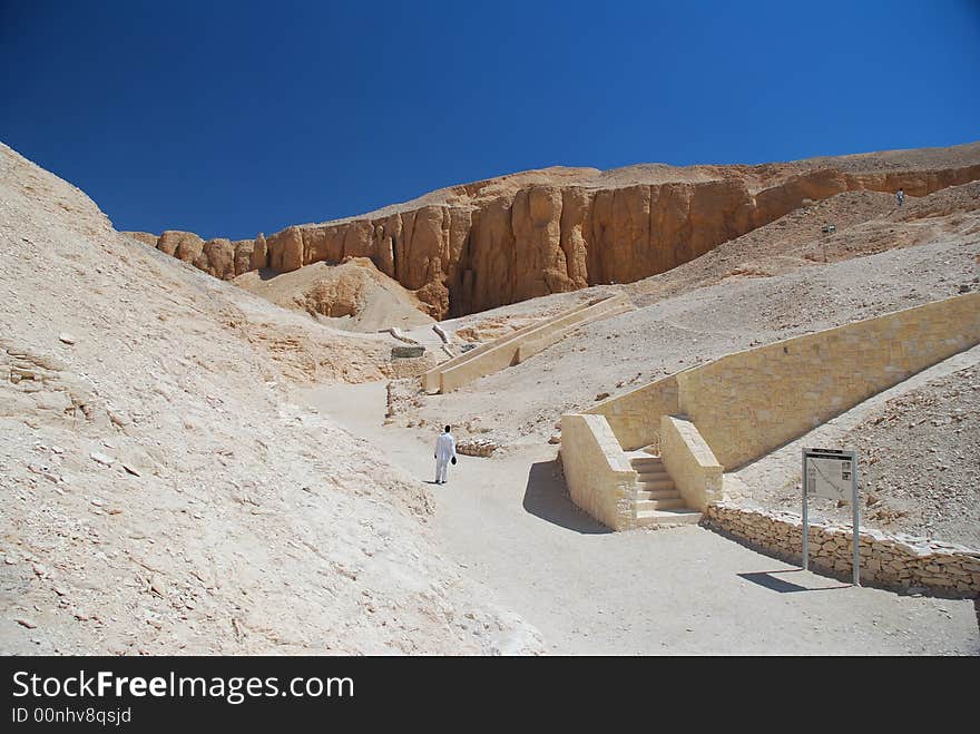 At the tomb entrances to the Valley of the Kings in Egypt. Here nearly 70 tombs were found.