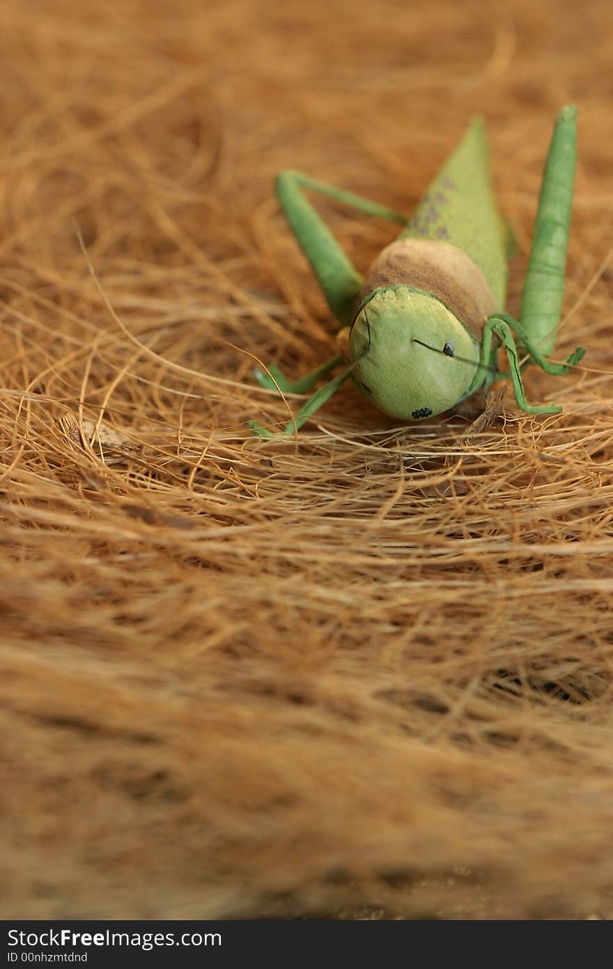 An artificial homemade green grasshopper. An artificial homemade green grasshopper