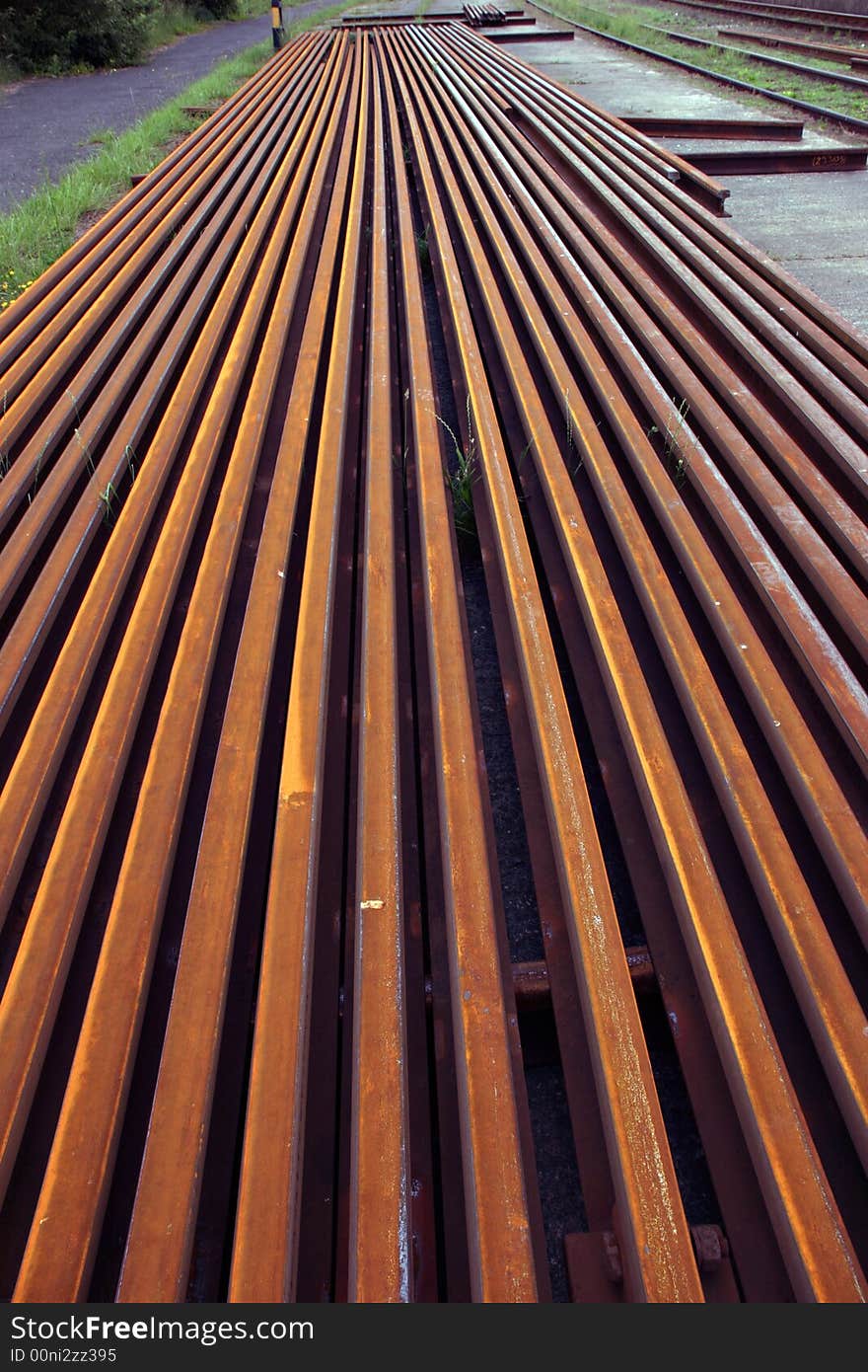 Rusted steel rails in a railway construction field. Rusted steel rails in a railway construction field