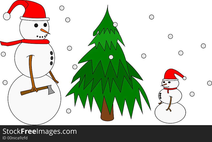 Snow-Family Cutting Tree Illustration