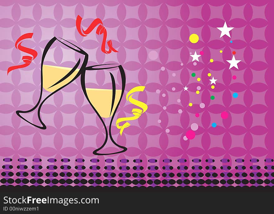 Illustration of two wine glasses with ribbon and stars