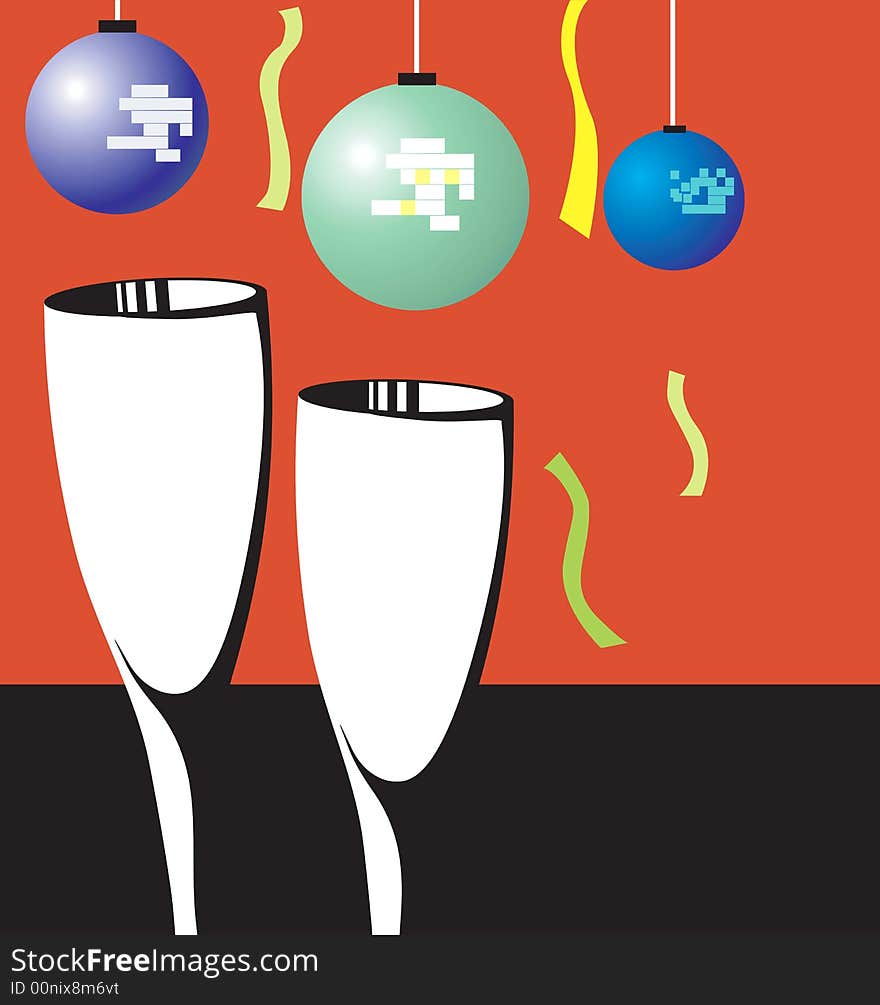 Illustration of two wine glasses with balloons and ribbon