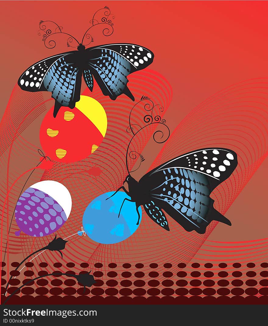 Illustration of butterflies with balloons in colourful background