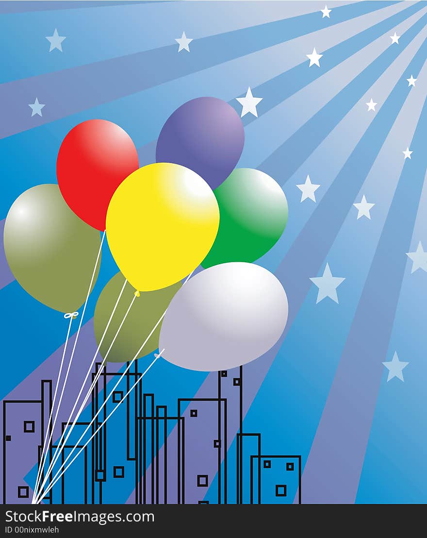 Illustration of balloons and stars near structure