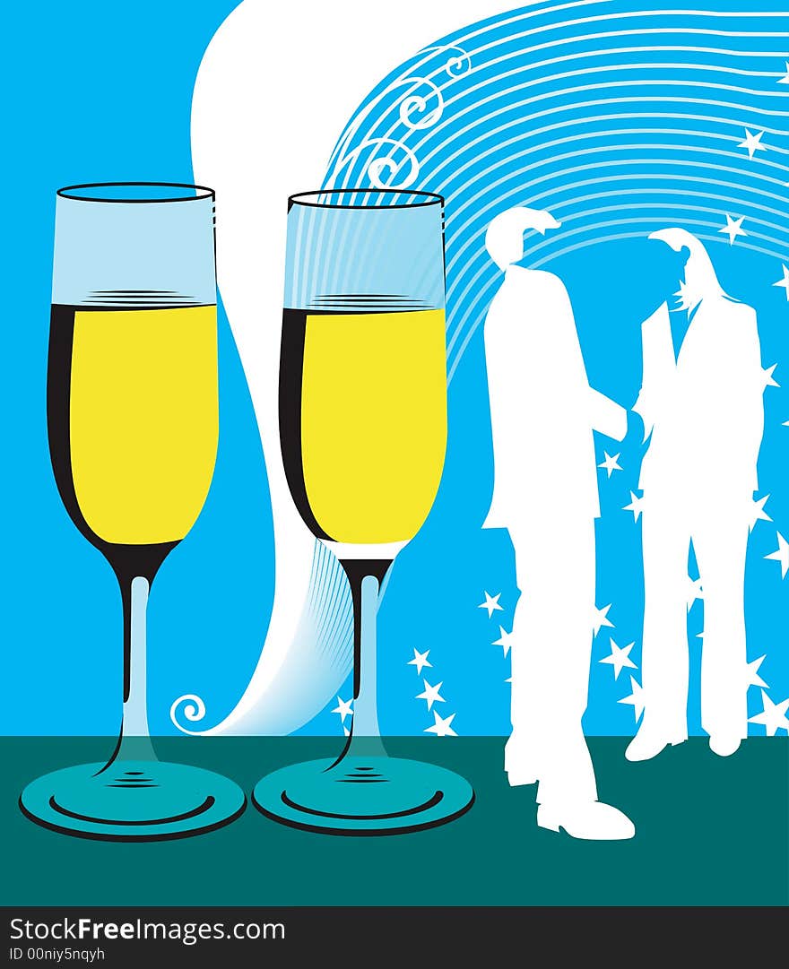 Illustration of silhouette of man and women near wine glasses.