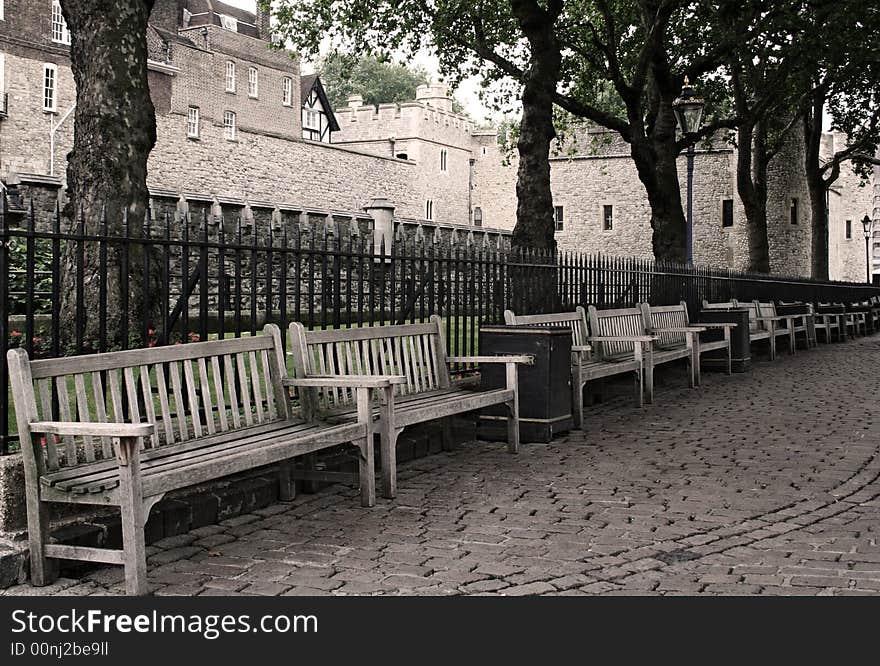 Benches in a park taken at Tower Bridge in London