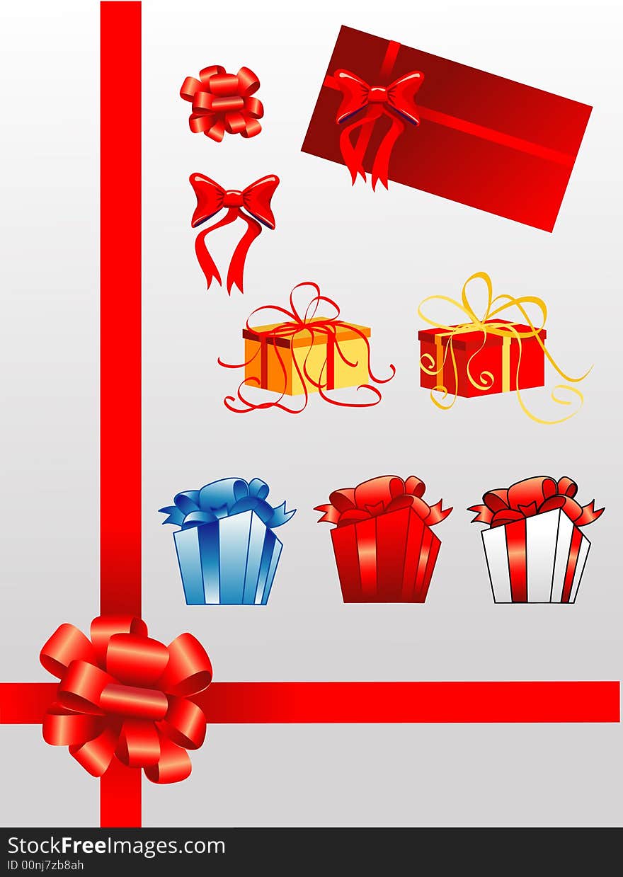 Bows, giftboxes, ribbons, vector illustration