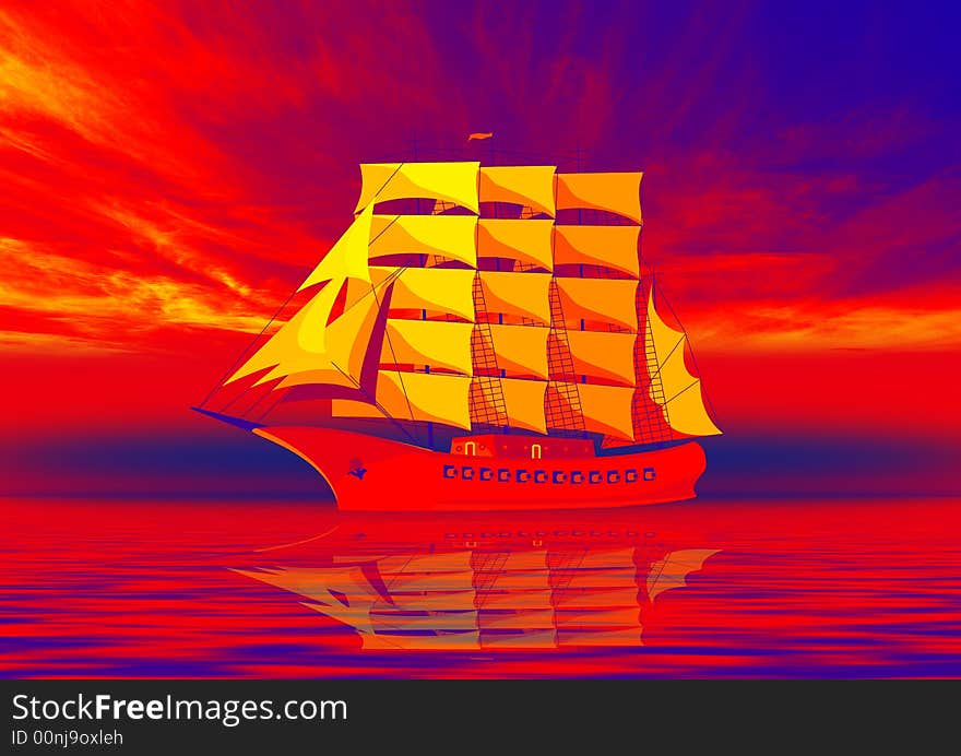 Ship in red sea with sunset background for poster. Ship in red sea with sunset background for poster