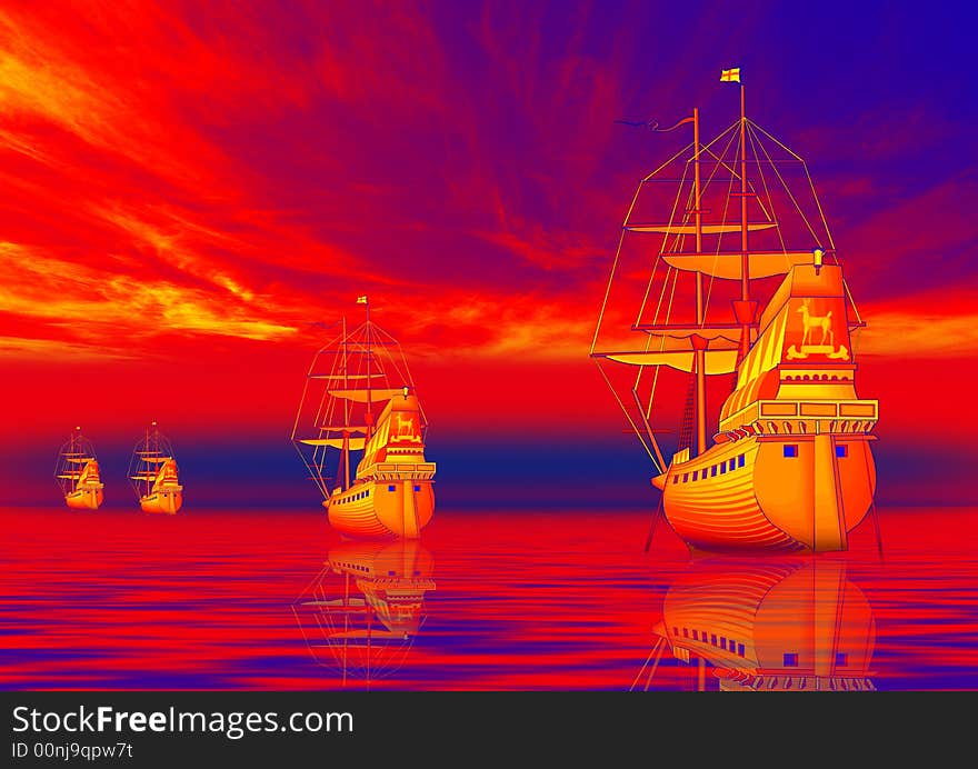 Ships in red sea with sunset background. Ships in red sea with sunset background