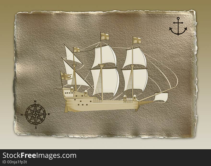 Old paper background with compass and ship. Old paper background with compass and ship