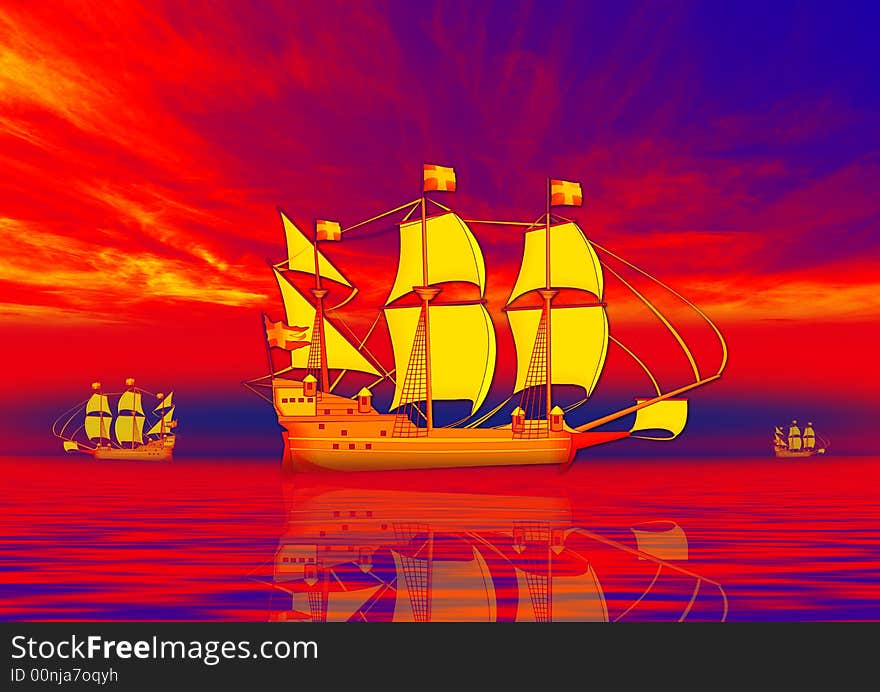 Red sea with ship in sunset background