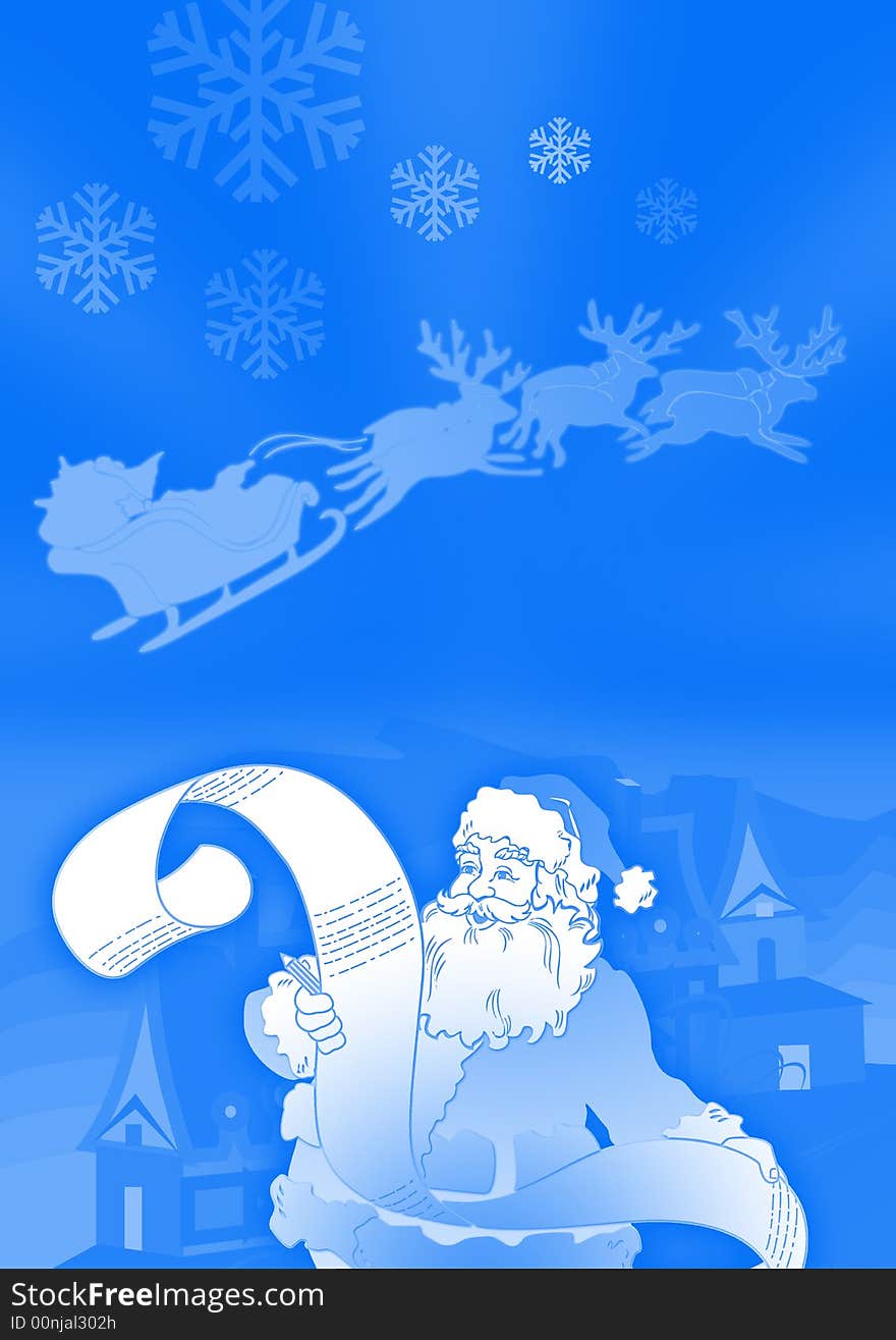 Santa and his list in blue ground