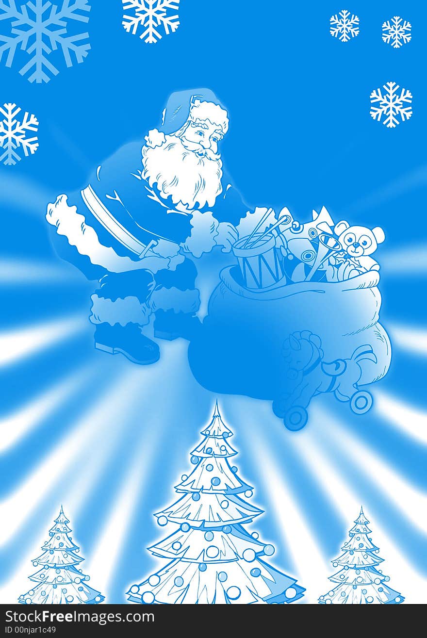 Illustration of Santa and his reindeer with gifts bag. Illustration of Santa and his reindeer with gifts bag