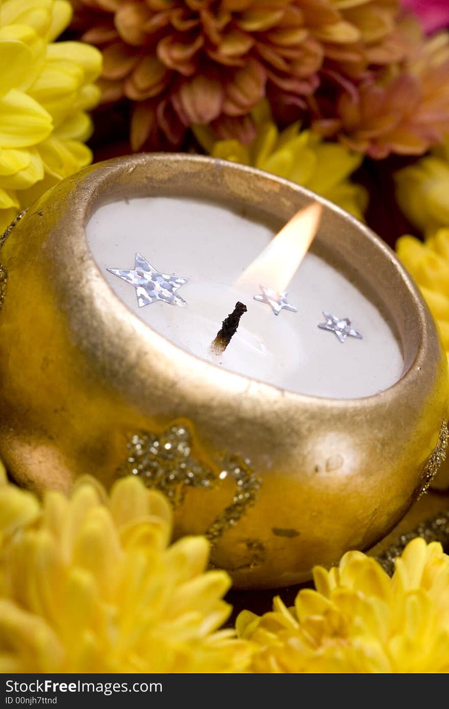 Golden Candle With Flowers