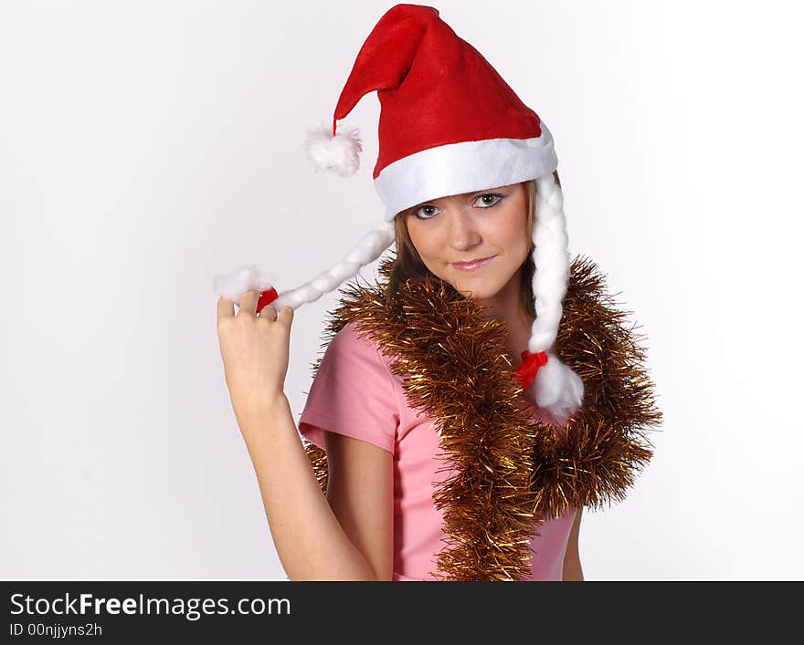 The girl in a red cap with a red package, Christmas